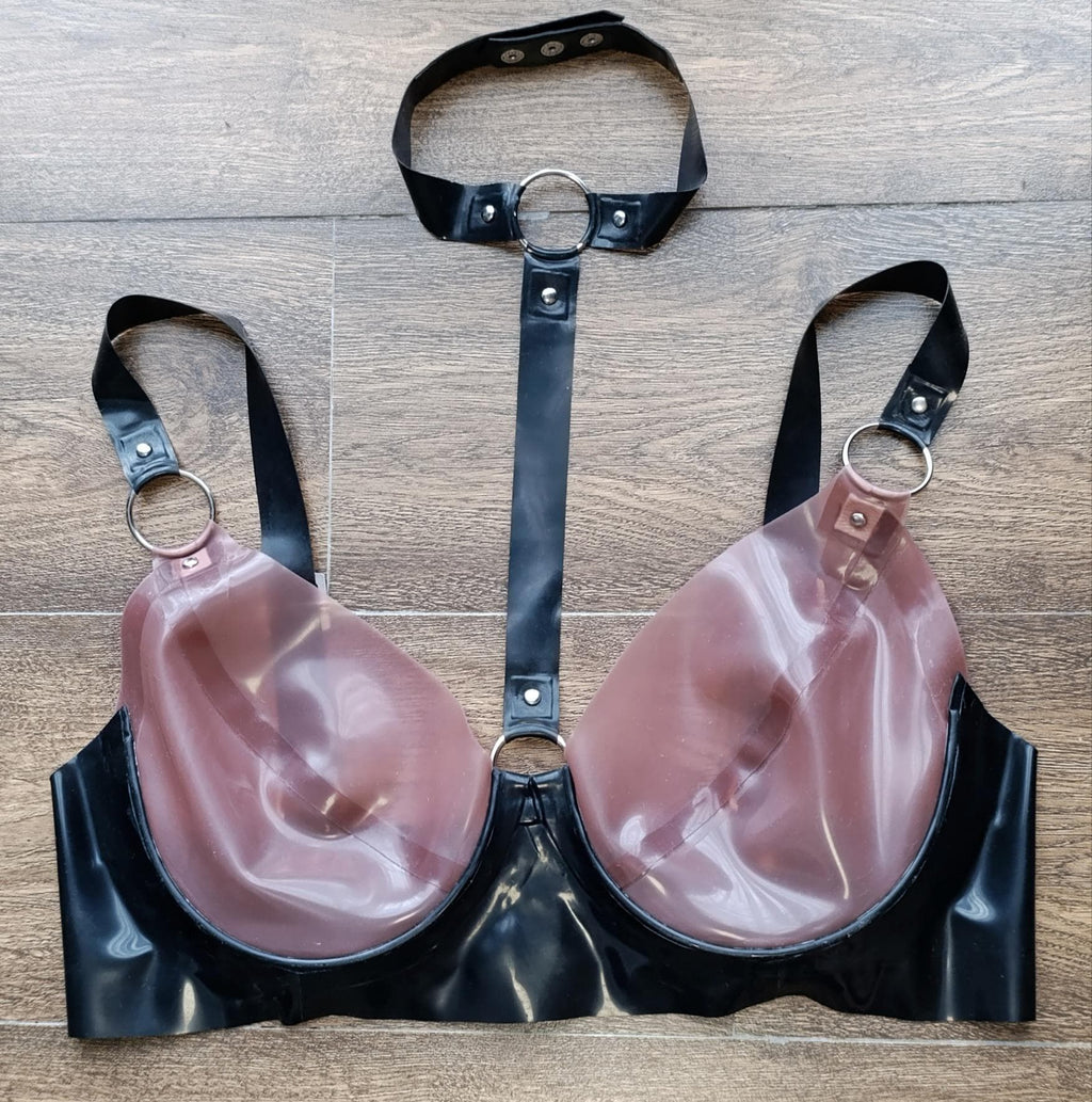Latex Bra with Choker & Rivets, Two-Tone Latex Lingerie, Rubber Bra, Fetish Wear, BDSM, Latex Underwear